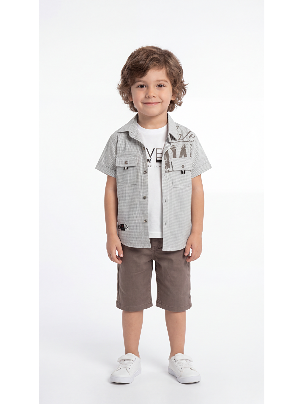 Gri Cep Detaylı Etiketli Erkek Çocuk Gömlek-Şort-Tişört Takımı