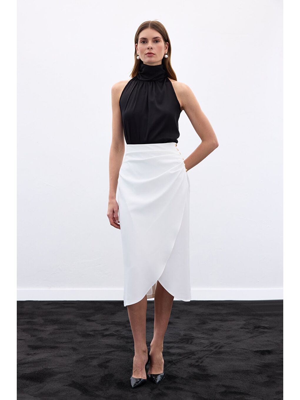 Düğme Detaylı Kalem Etek - Ekru-2