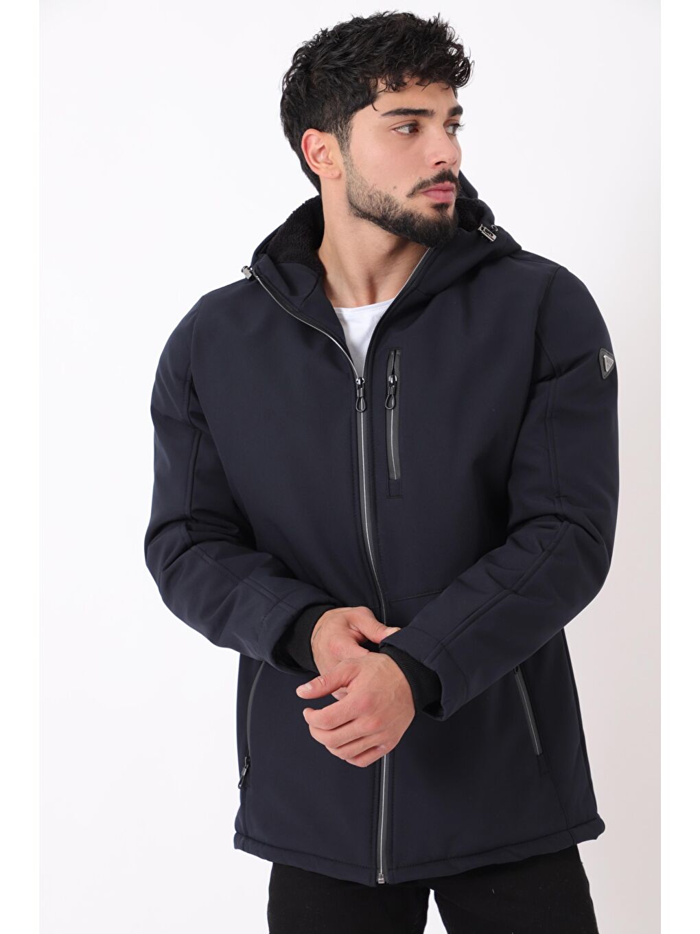 Lacivert Uzay Kapüşonlu İçi Kürklü Softshell Kışlık Mont PLDP 3010_50454-2