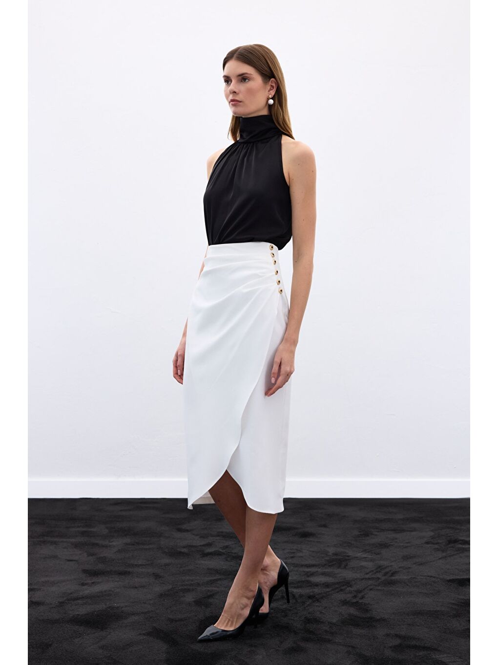 Düğme Detaylı Kalem Etek - Ekru-3