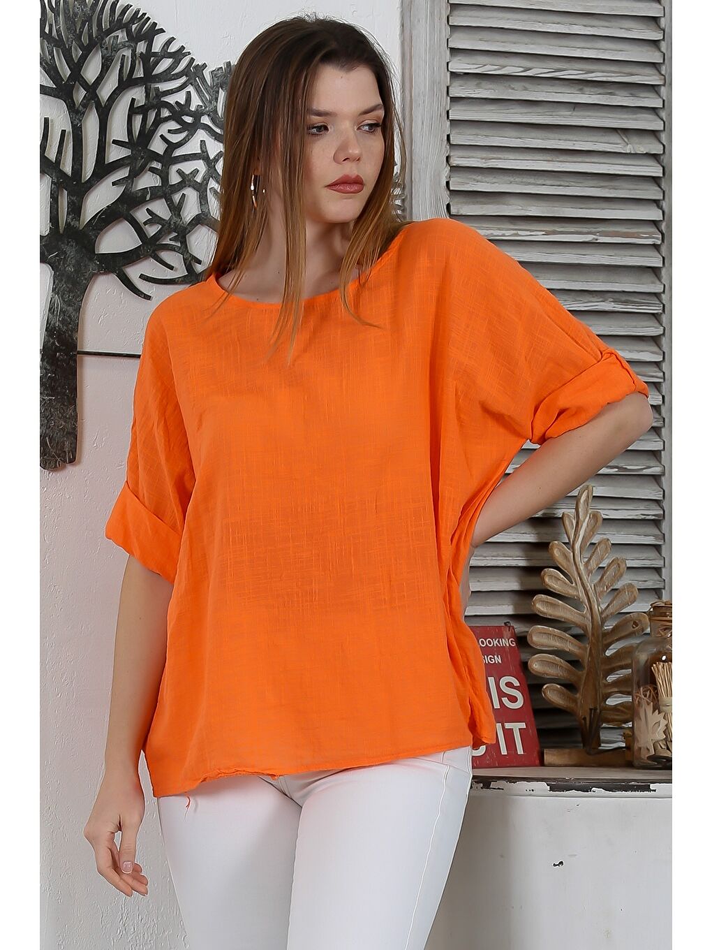 İtalyan Turuncu Havuz Yaka Yarasa Kol Casual Keten Karışımlı Oversize Dokuma Bluz