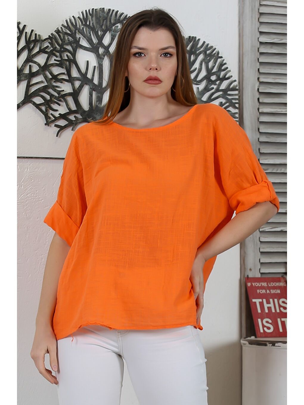 İtalyan Turuncu Havuz Yaka Yarasa Kol Casual Keten Karışımlı Oversize Dokuma Bluz-1