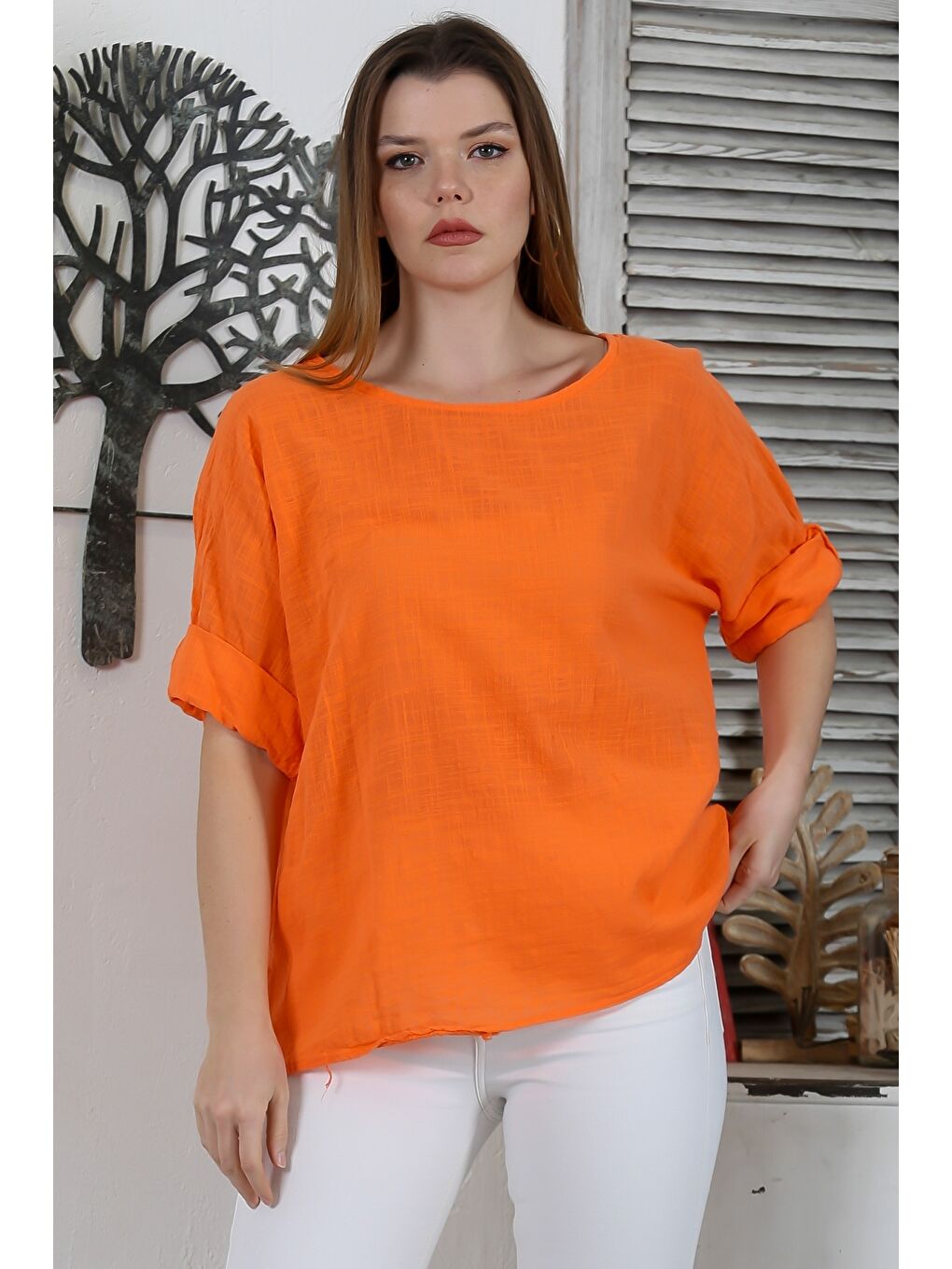 İtalyan Turuncu Havuz Yaka Yarasa Kol Casual Keten Karışımlı Oversize Dokuma Bluz-2