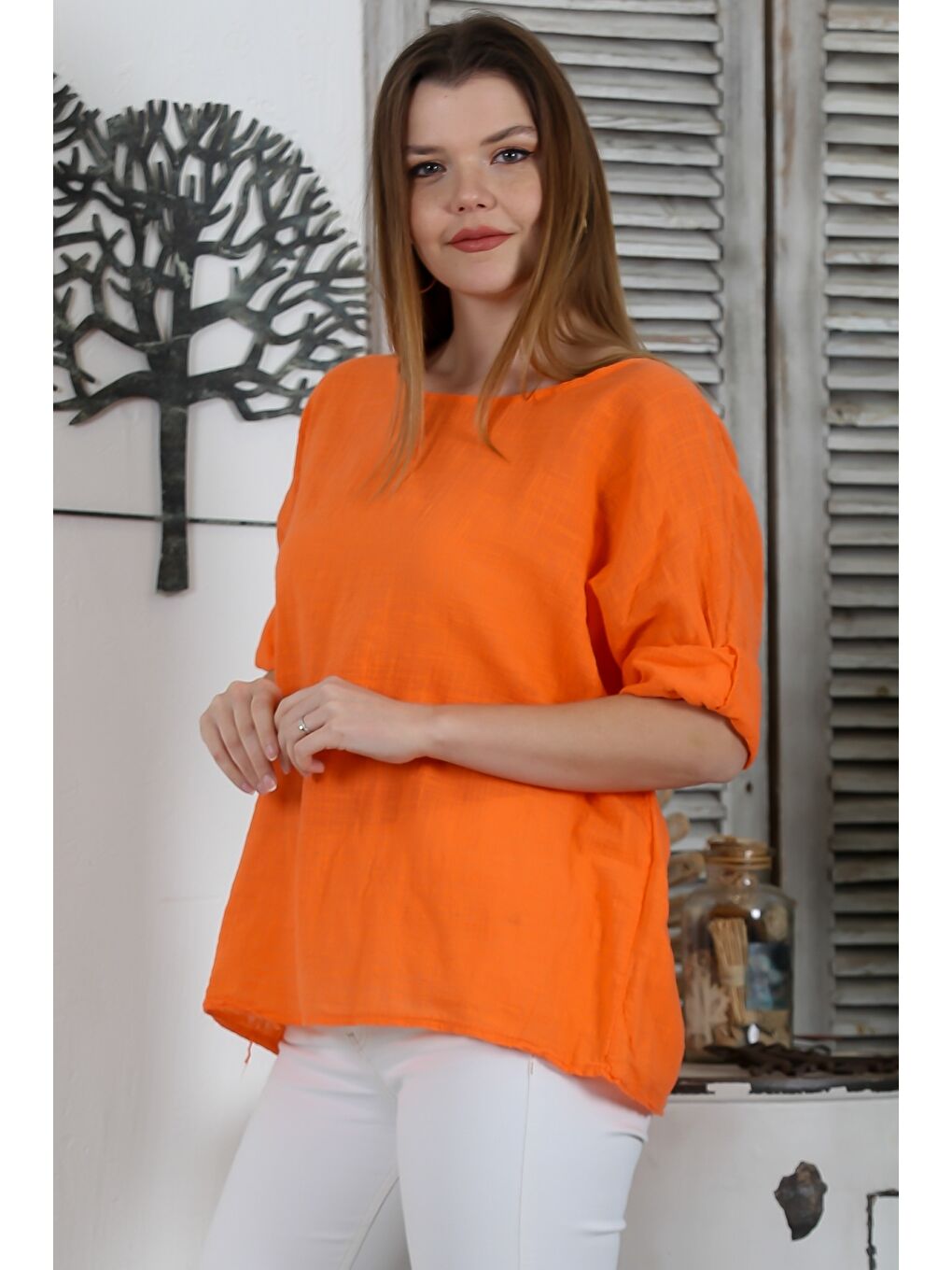 İtalyan Turuncu Havuz Yaka Yarasa Kol Casual Keten Karışımlı Oversize Dokuma Bluz-4