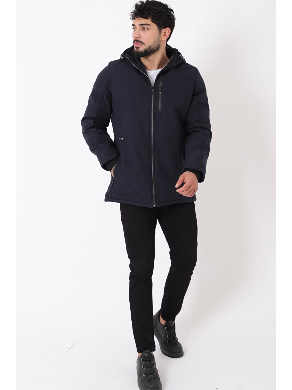 Lacivert Uzay Kapüşonlu İçi Kürklü Softshell Kışlık Mont PLDP 3010_50454-3