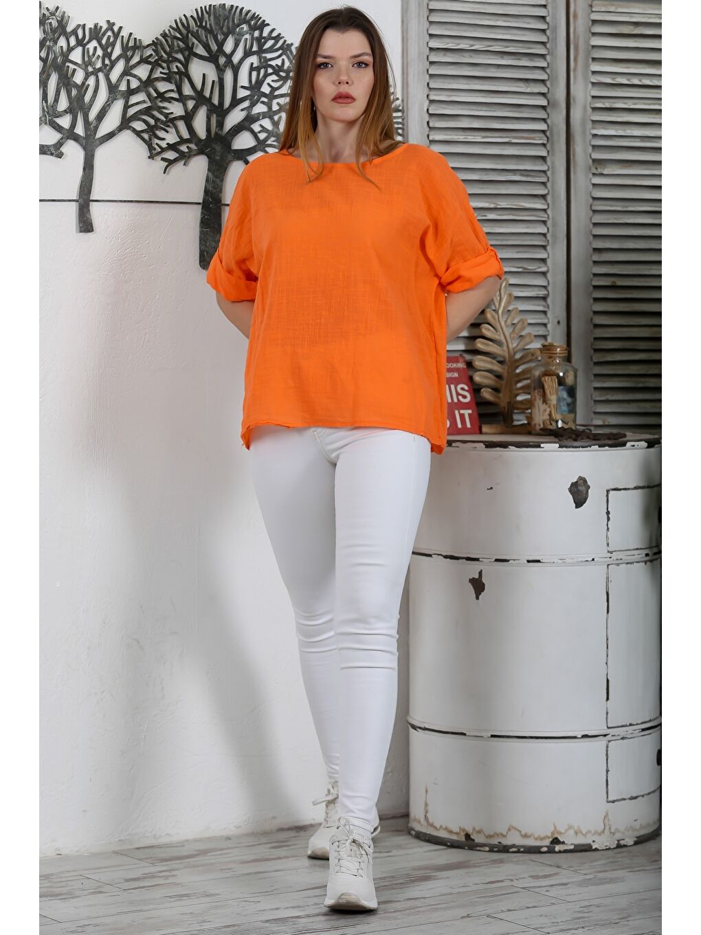İtalyan Turuncu Havuz Yaka Yarasa Kol Casual Keten Karışımlı Oversize Dokuma Bluz-5