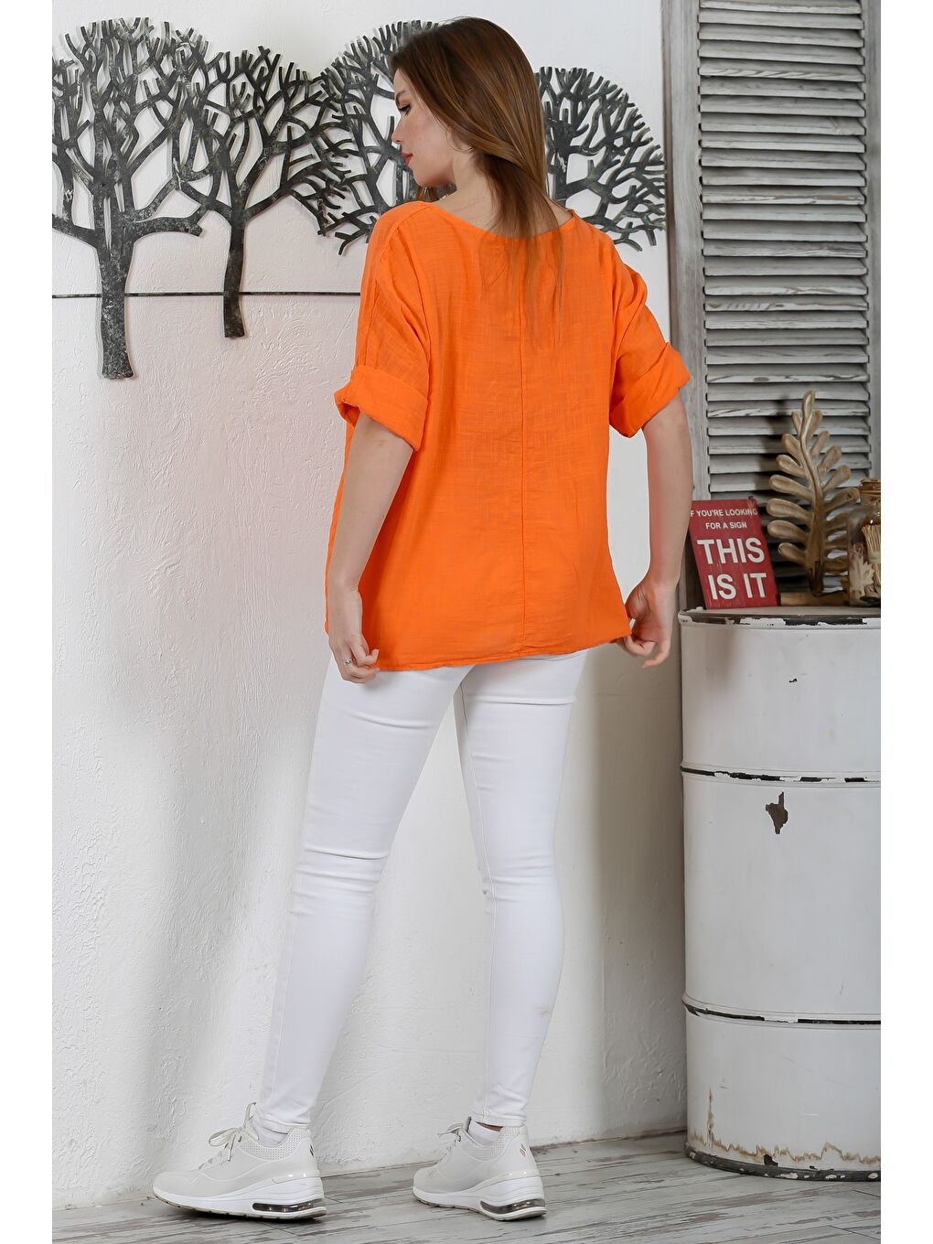 İtalyan Turuncu Havuz Yaka Yarasa Kol Casual Keten Karışımlı Oversize Dokuma Bluz-7