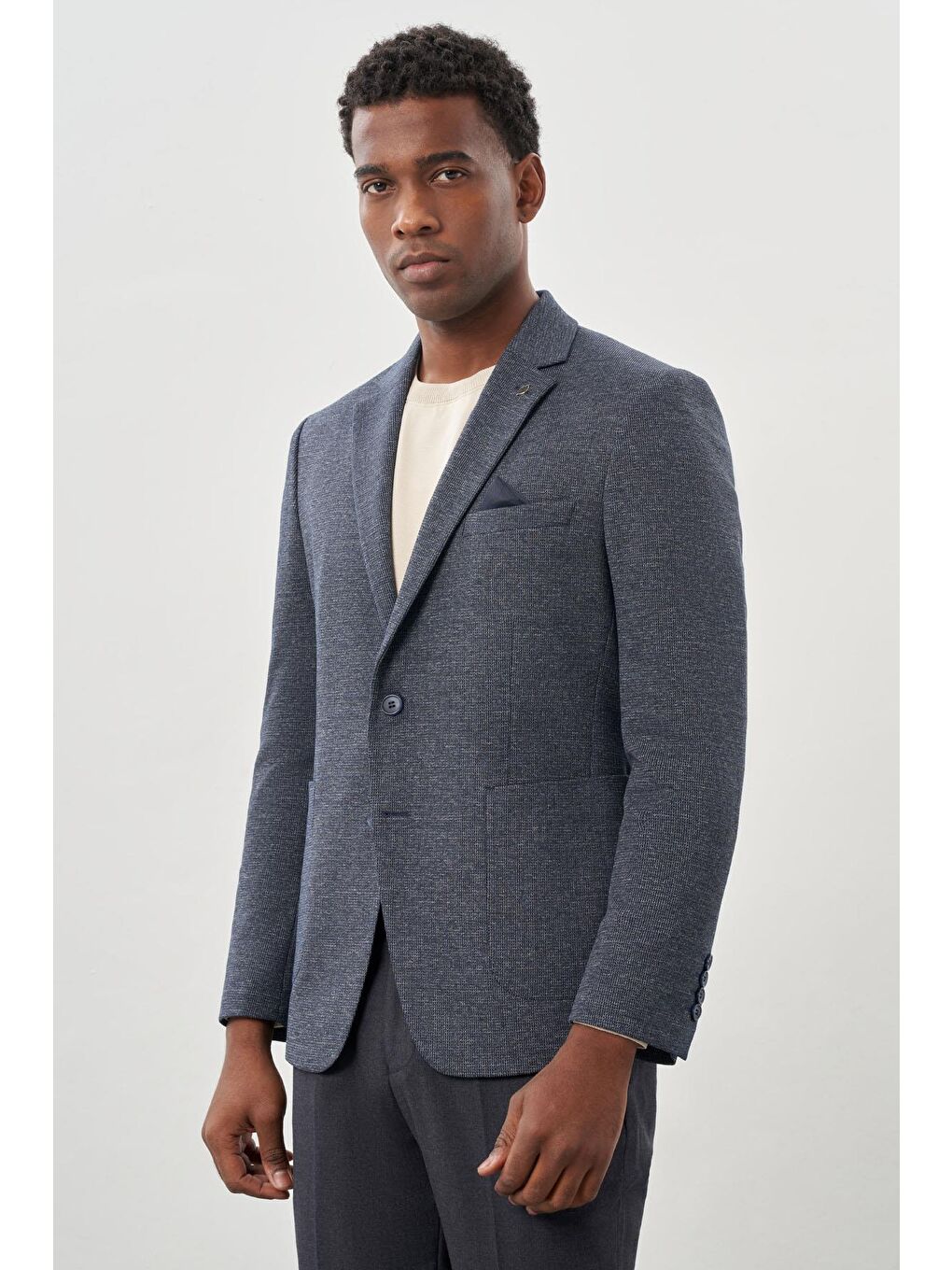 Lacivert Desenli Örme Mono Yaka Astarsız Esnek 6 Drop Slim Fit Casual Ceket 1002245161