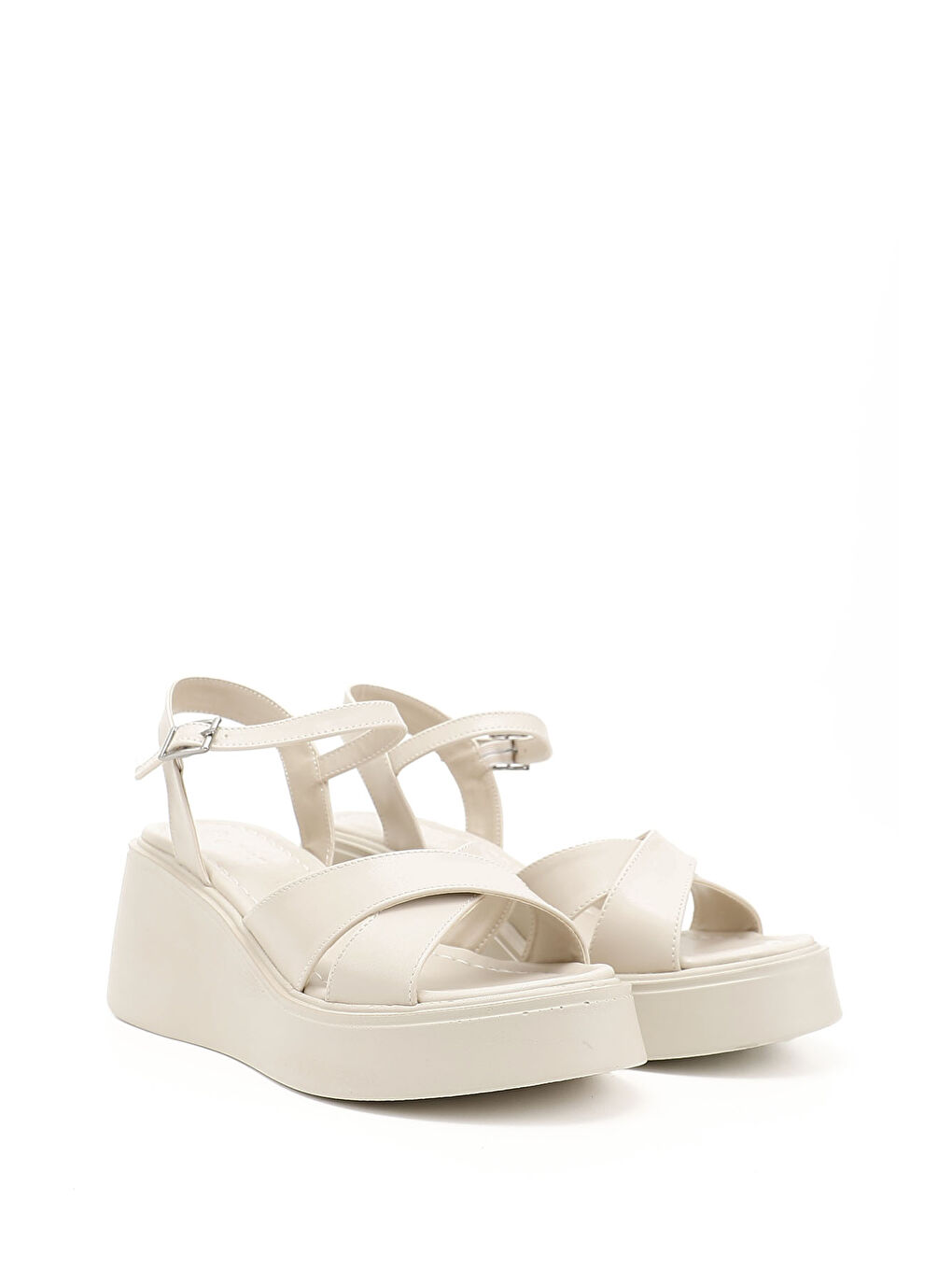 Bej Kadın BEJ-CAMEL Çapraz Bantlı Bilekten Bağlı Dolgu Topuklu Sandalet-1