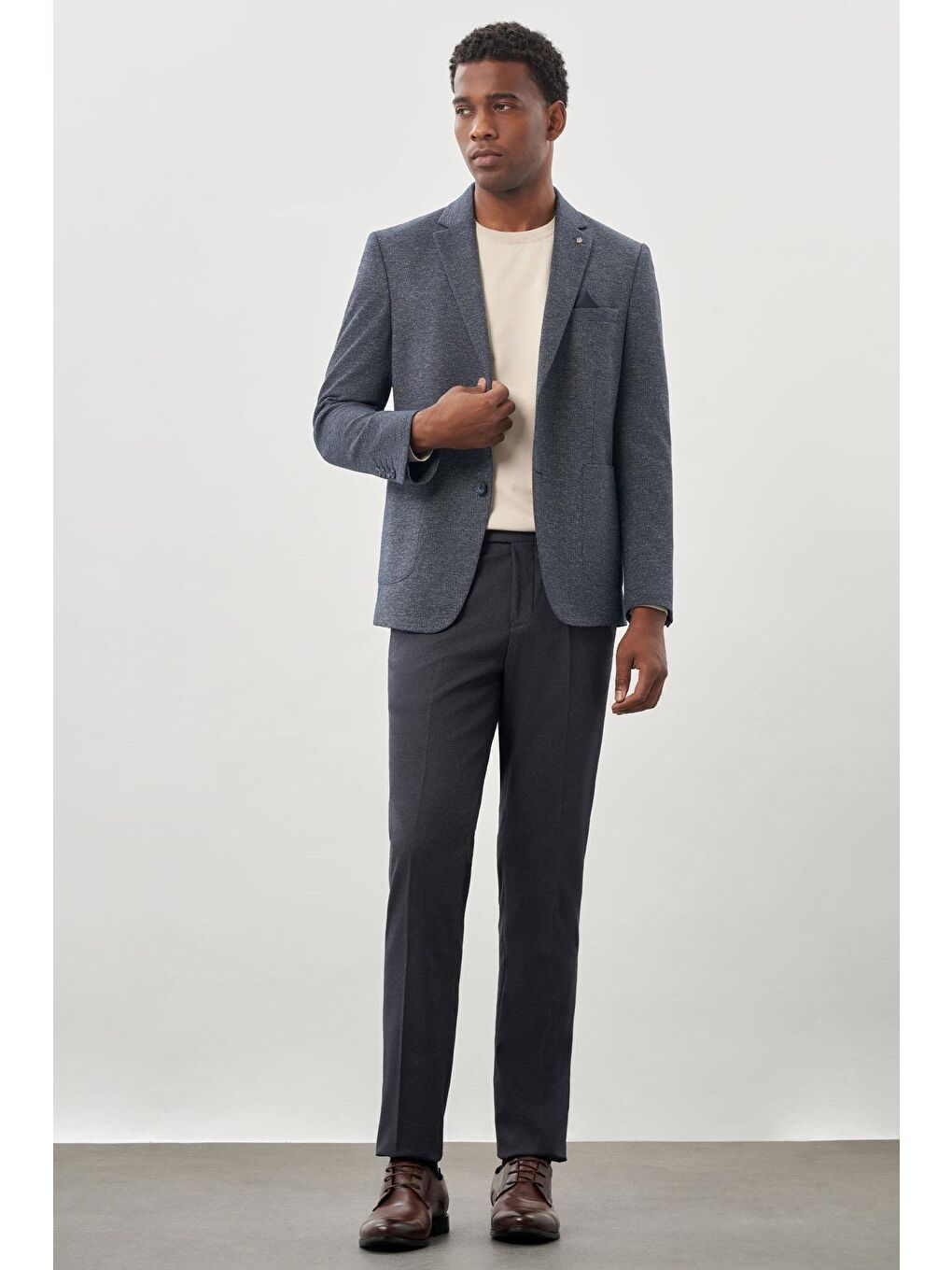 Lacivert Desenli Örme Mono Yaka Astarsız Esnek 6 Drop Slim Fit Casual Ceket 1002245161-1