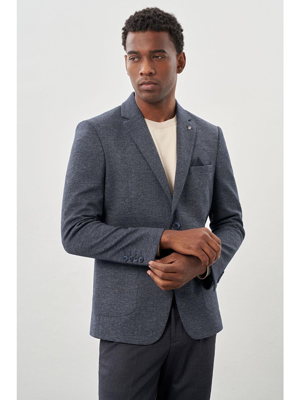 Lacivert Desenli Örme Mono Yaka Astarsız Esnek 6 Drop Slim Fit Casual Ceket 1002245161-2