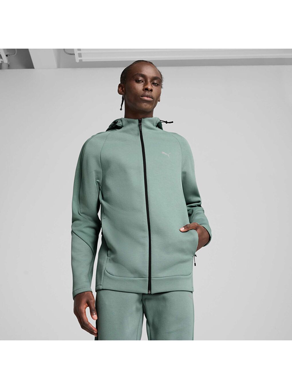 Yeşil EVOSTRIPE Erkek Tam Fermuarlı Kapüşonlu Sweatshirt-6