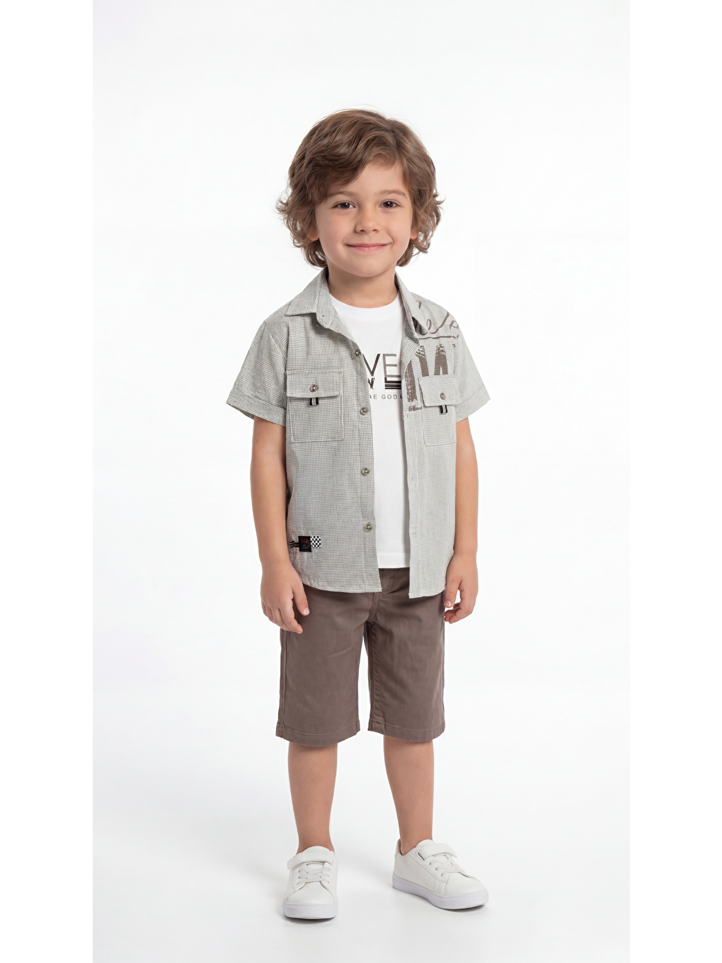 Gri Cep Detaylı Etiketli Erkek Çocuk Gömlek-Şort-Tişört Takımı-1