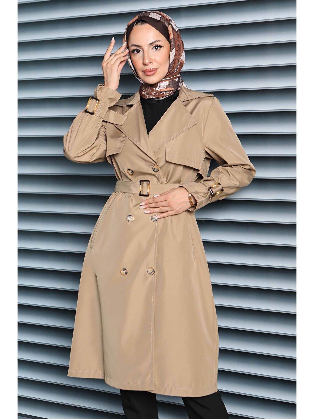 Bej Kol Kemer Detaylı Düğmeli Miranda Treçkot Vizon - 27599-3