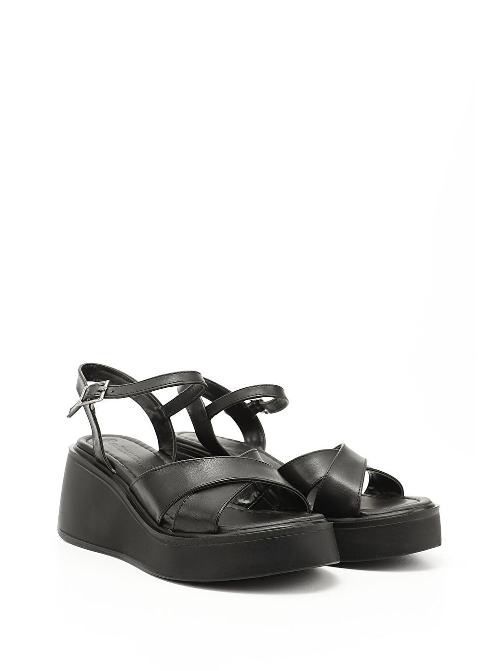 Mor Kadın ZÜMRÜT-SİYAH Çapraz Bantlı Bilekten Bağlı Dolgu Topuklu Sandalet-1