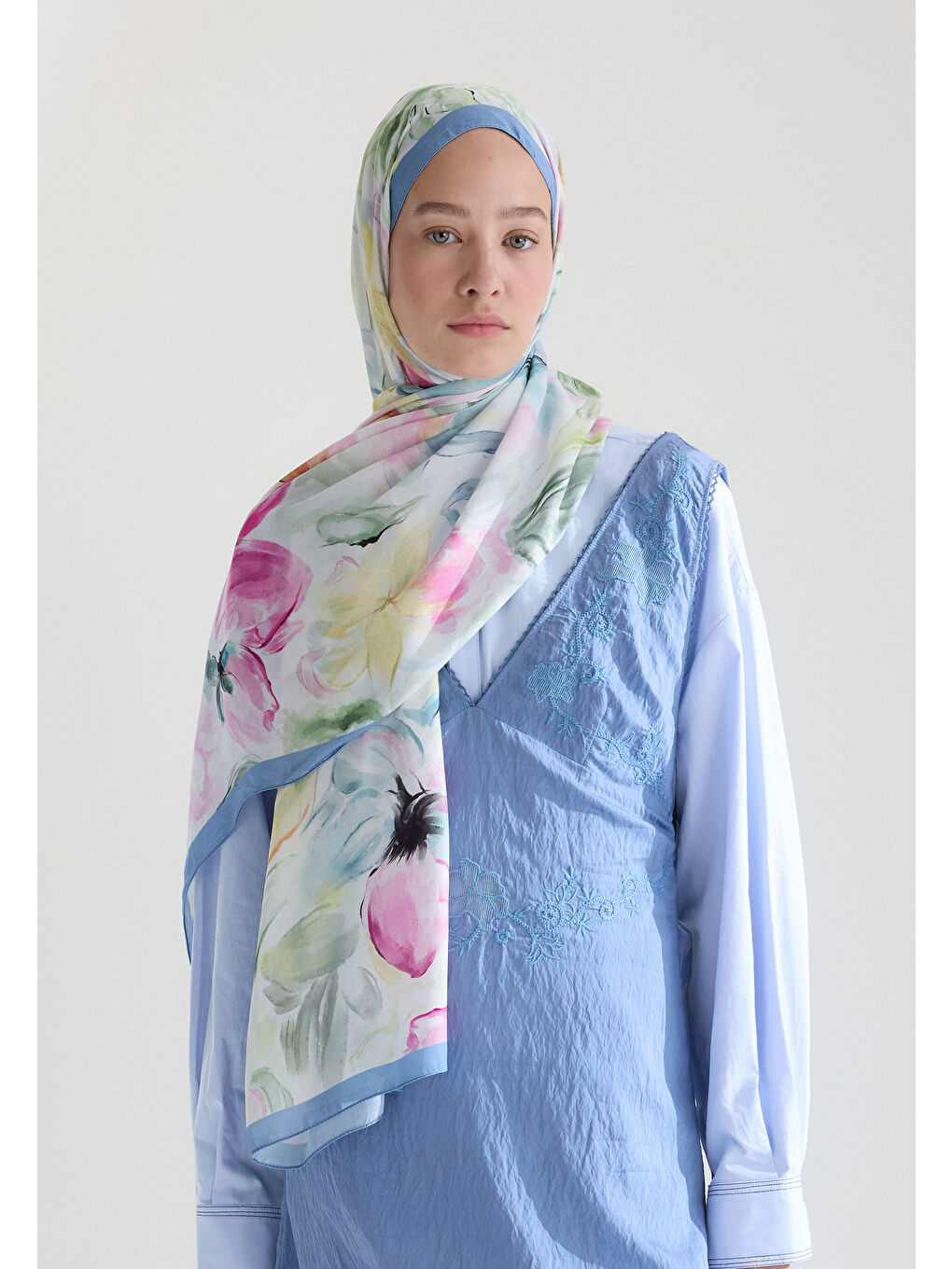 Soft Flora Floş Viskon Şal Mavi-4