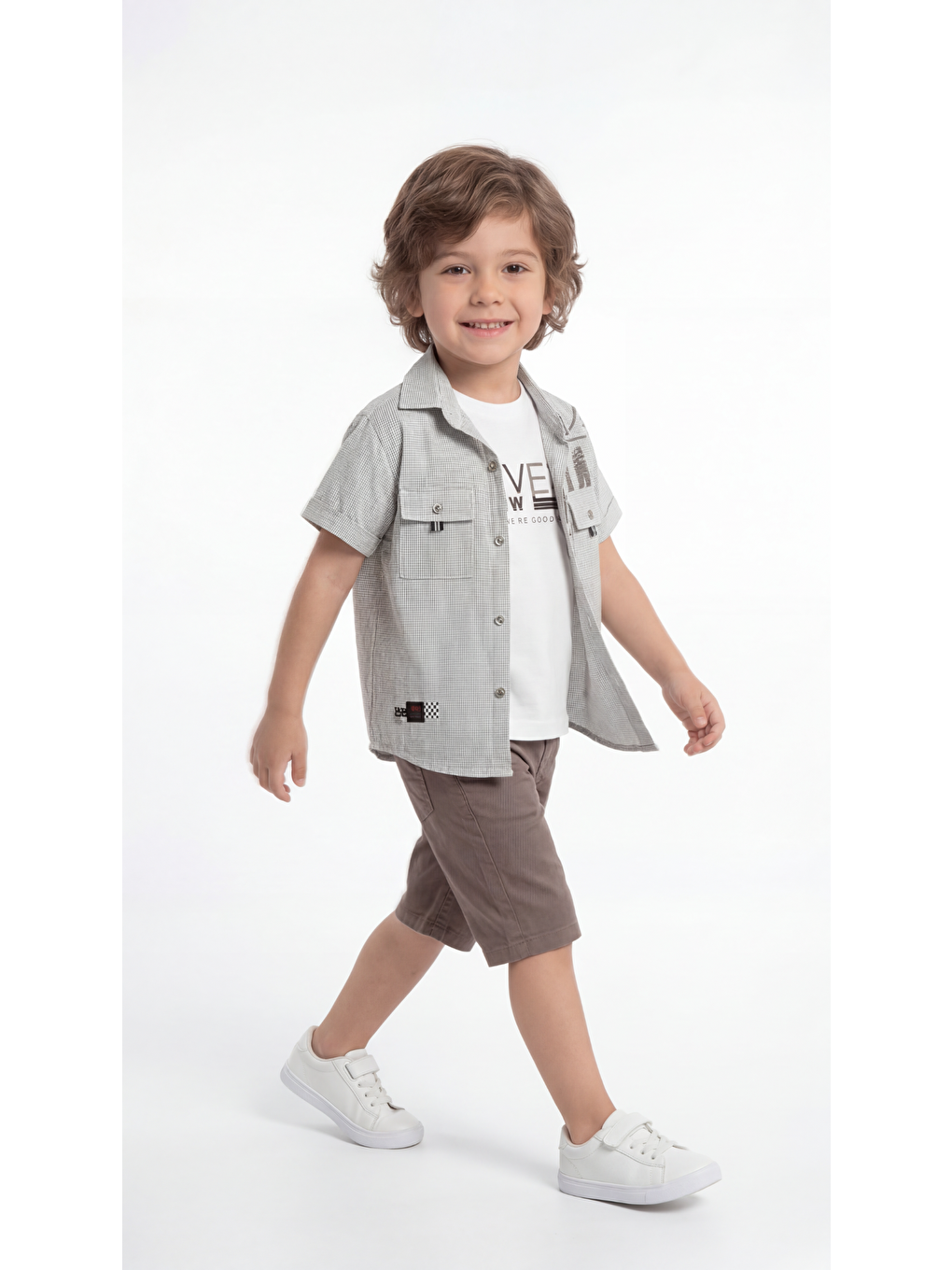 Gri Cep Detaylı Etiketli Erkek Çocuk Gömlek-Şort-Tişört Takımı-2