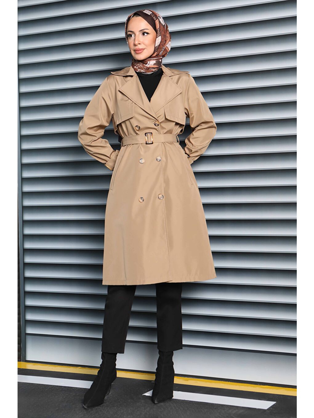 Bej Kol Kemer Detaylı Düğmeli Miranda Treçkot Vizon - 27599-4