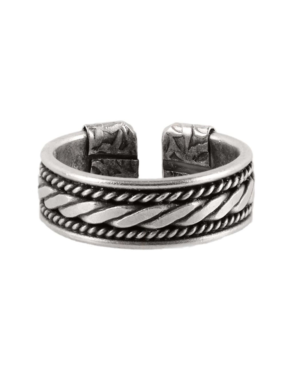Gri Erkek Antik Gümüş Kaplama Ayarlanabilir Kabartma Örgü Dokulu Yüzük