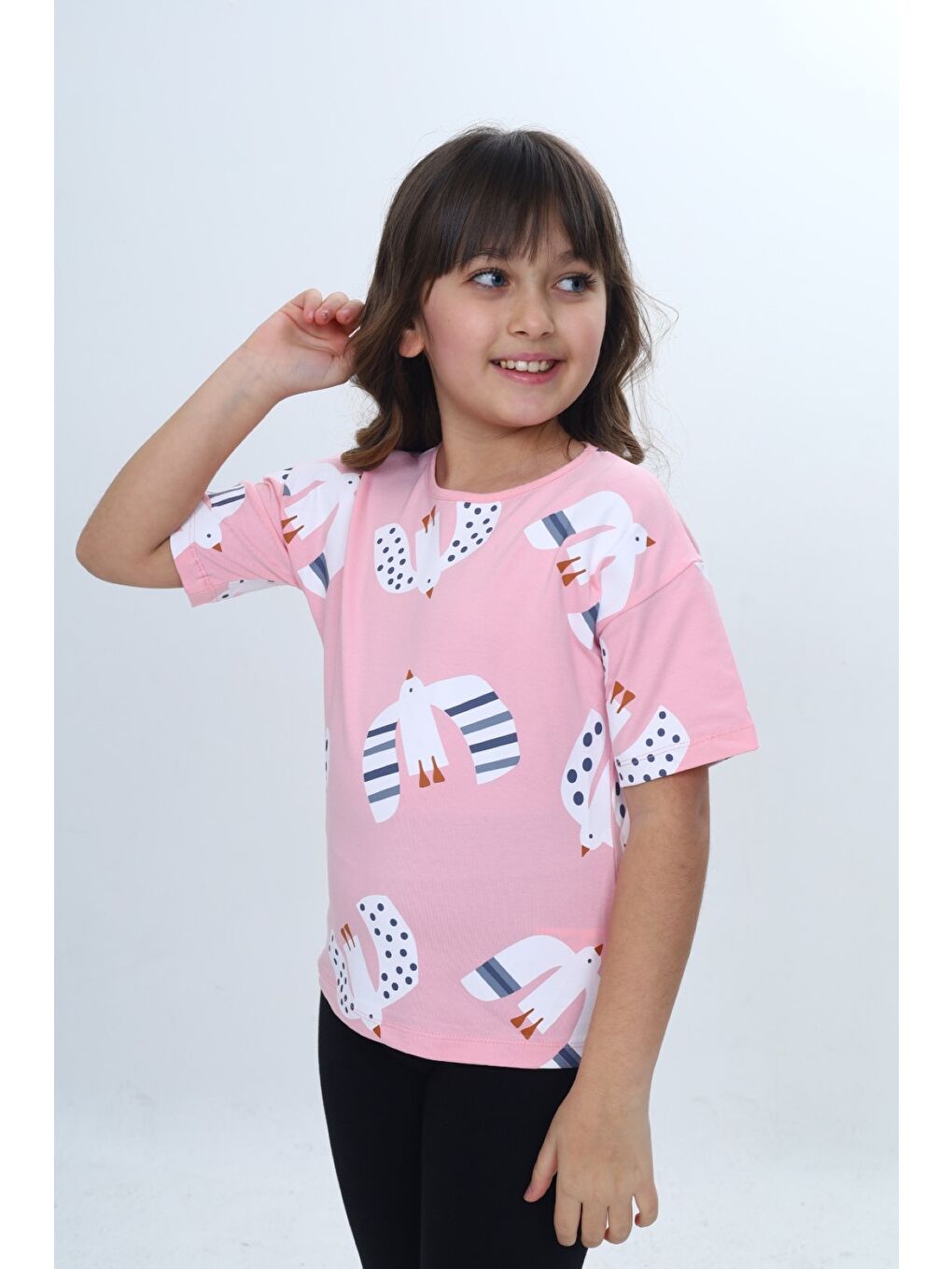 Pembe Kız Çocuk Baskılı Bisiklet Yaka Kısa Kollu Tişört 24981-1