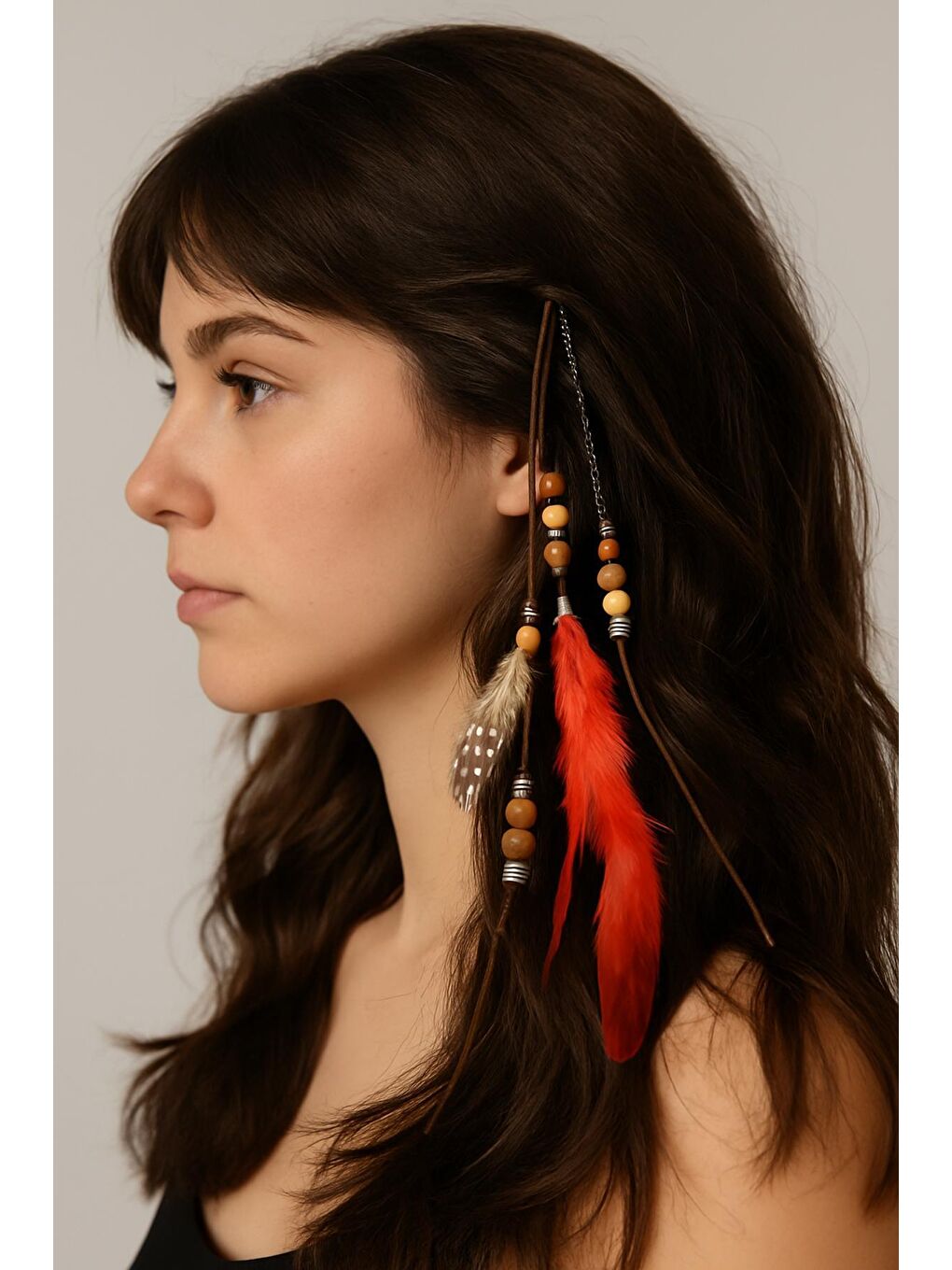 Kırmızı Bohem Tüylü  Saç Zinciri Rasta Saç İpi