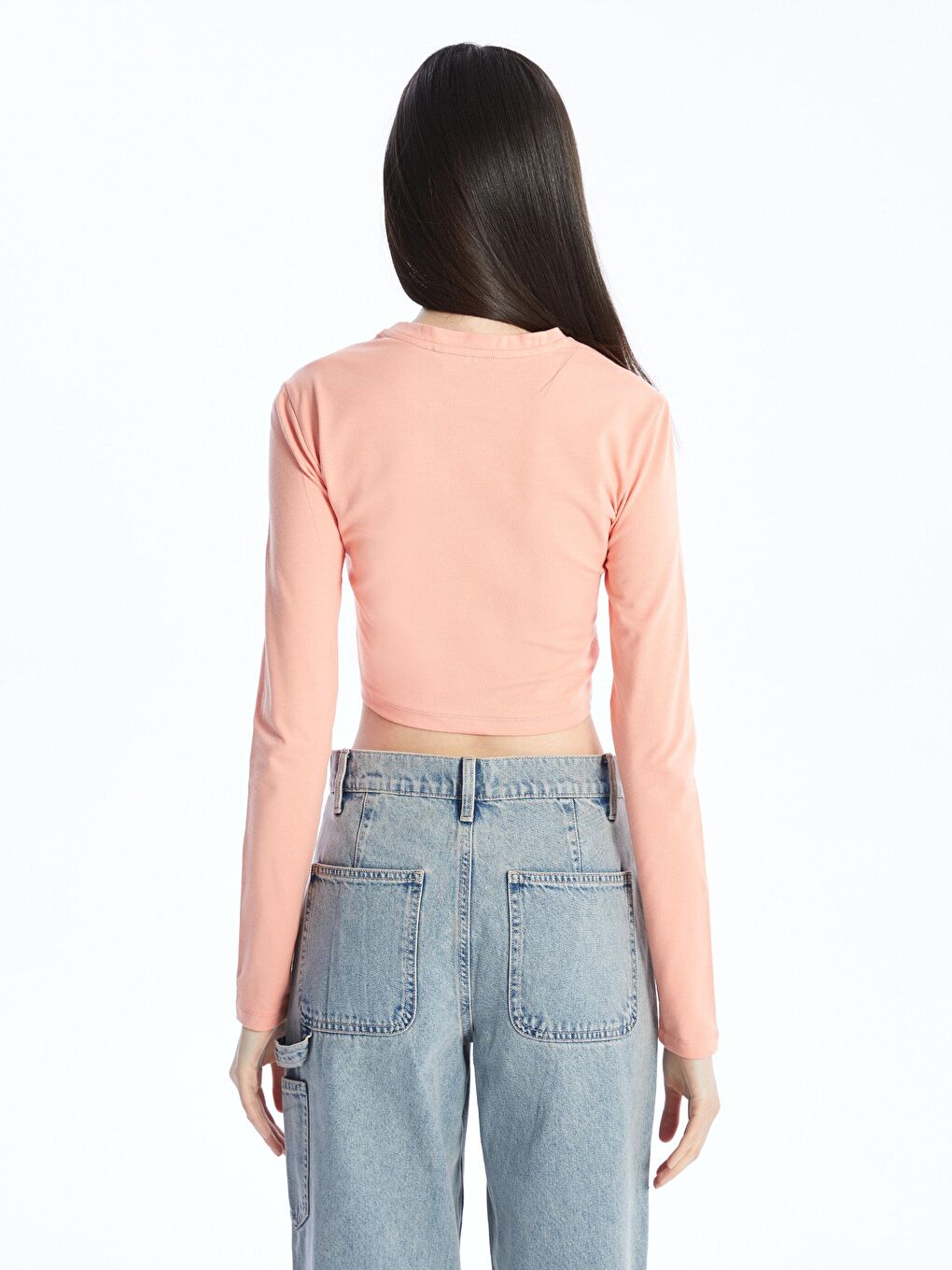 KOOR Açık Pembe Kadın Crop Basic Sweatshırt - 4