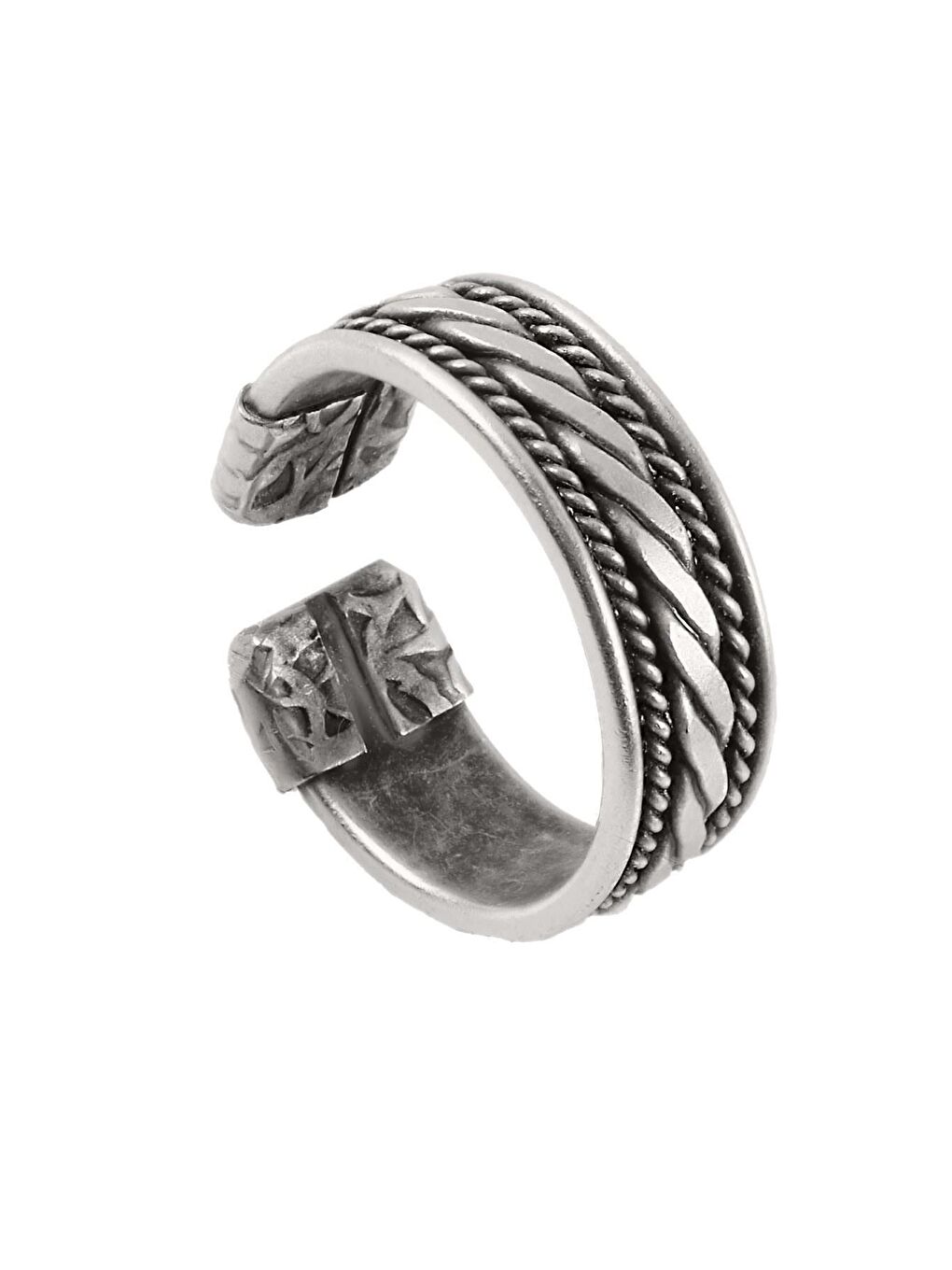 Gri Erkek Antik Gümüş Kaplama Ayarlanabilir Kabartma Örgü Dokulu Yüzük-1