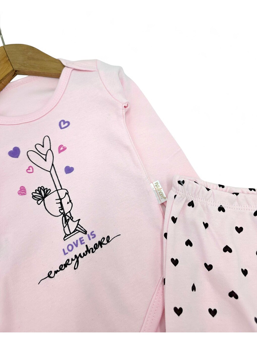 Pembe Kız Bebek Yeni Doğan Kalp Desenli Çıtçıtlı Badi Ve Altlı Natural Pamuk Bebek Takımı 0-9 Ay-2