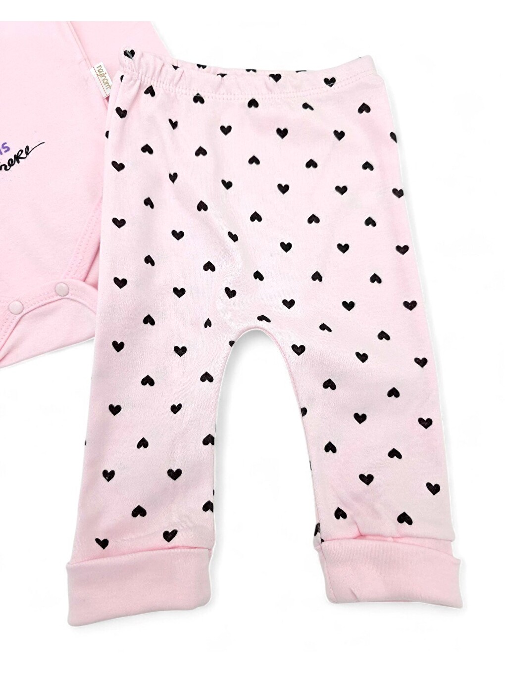 Pembe Kız Bebek Yeni Doğan Kalp Desenli Çıtçıtlı Badi Ve Altlı Natural Pamuk Bebek Takımı 0-9 Ay-3