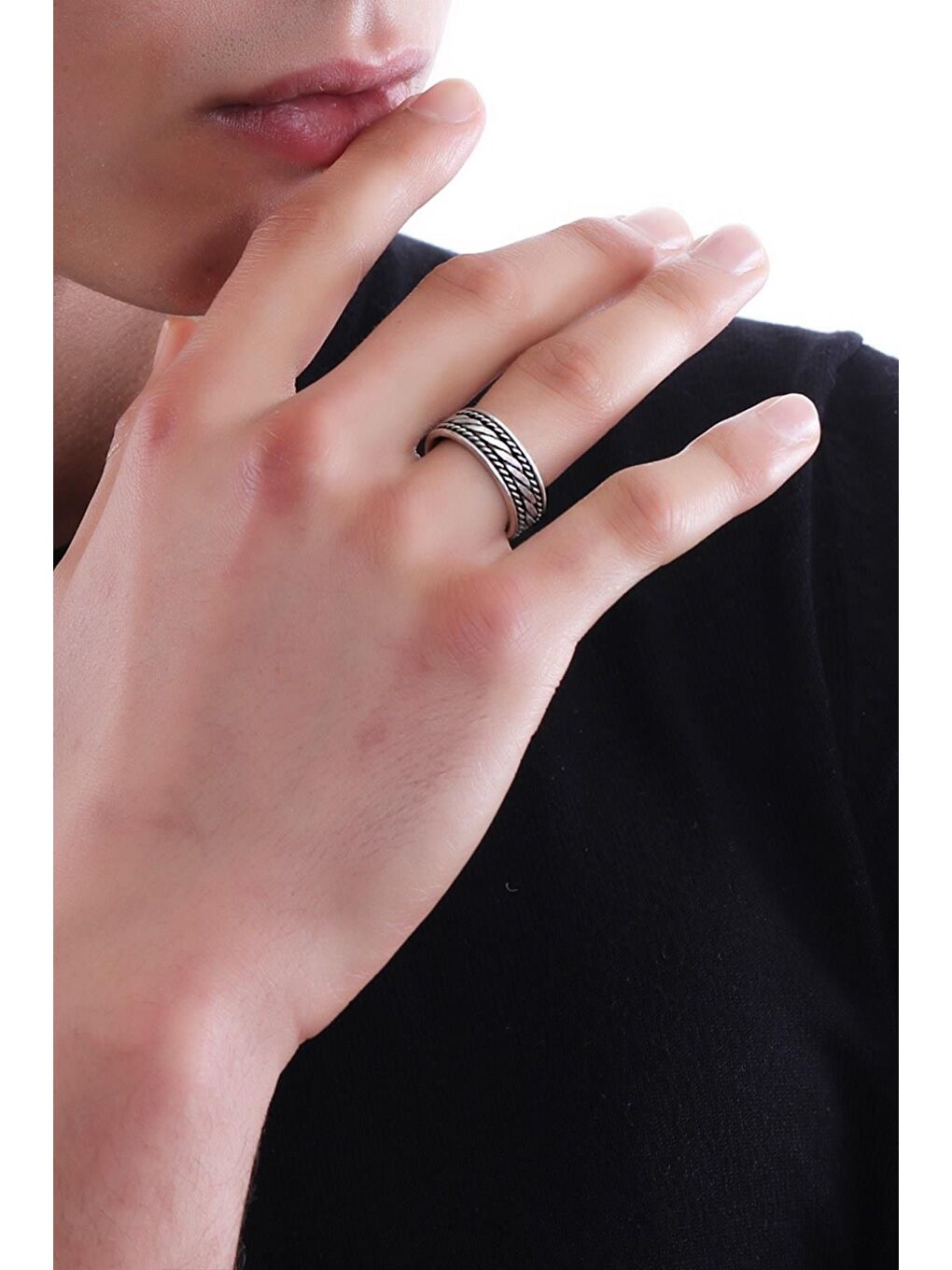 Gri Erkek Antik Gümüş Kaplama Ayarlanabilir Kabartma Örgü Dokulu Yüzük-2