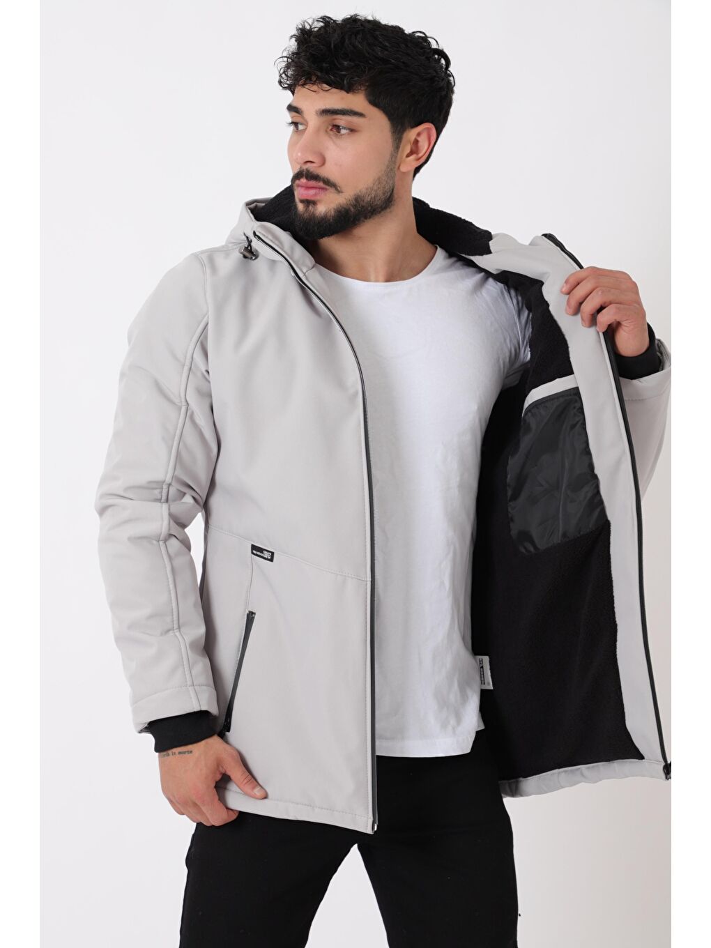 Bej Uzay Kapüşonlu İçi Kürklü Softshell Kışlık Mont PLDP 3010_50454-1
