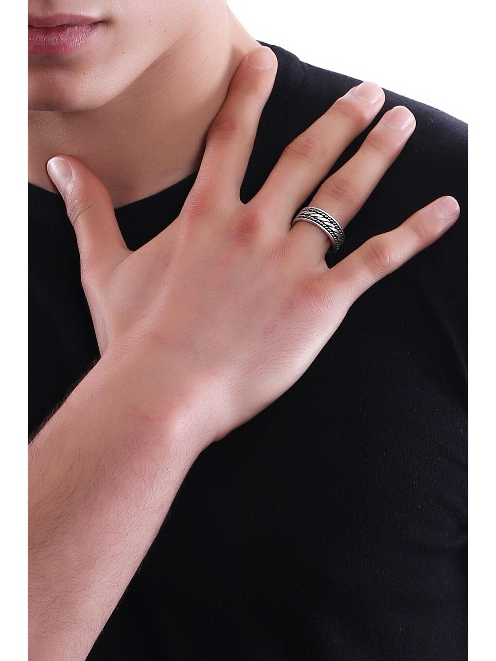 Gri Erkek Antik Gümüş Kaplama Ayarlanabilir Kabartma Örgü Dokulu Yüzük-3