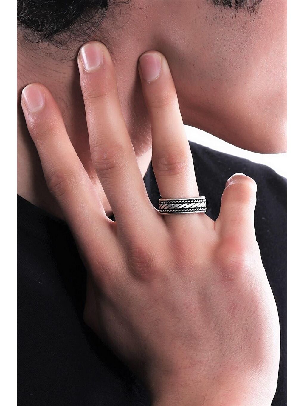 Gri Erkek Antik Gümüş Kaplama Ayarlanabilir Kabartma Örgü Dokulu Yüzük-4