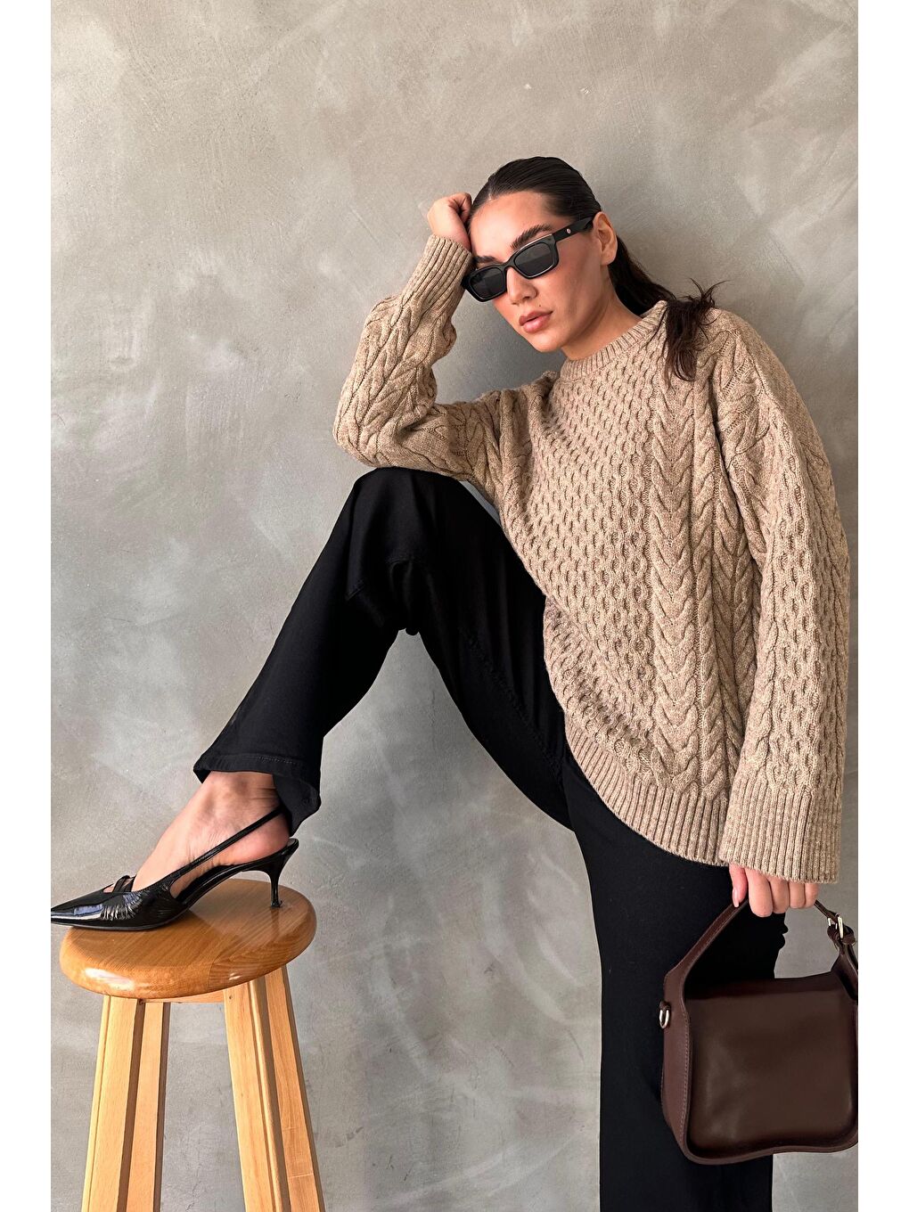 Bej Vizon Bisiklet Yaka Oversize Triko Kazak Mg1969