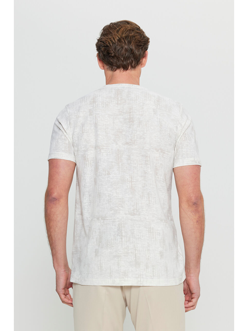 Erkek Ekru Pamuklu Slim Fit Dar Kesim Baskılı Bisiklet Yaka Tişört-4