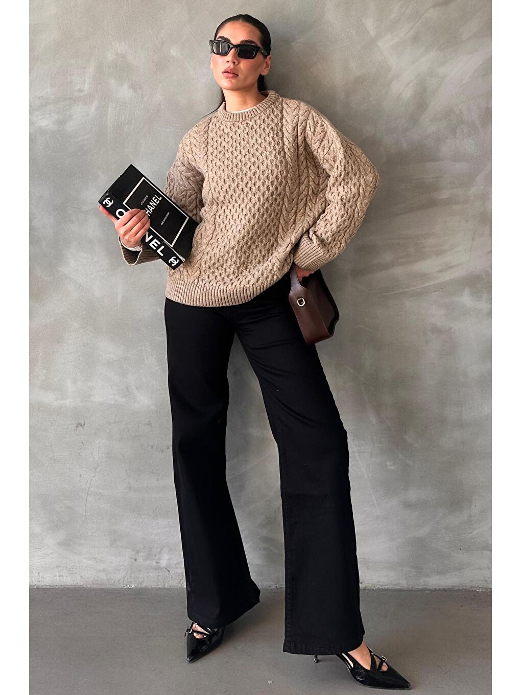 Bej Vizon Bisiklet Yaka Oversize Triko Kazak Mg1969-1