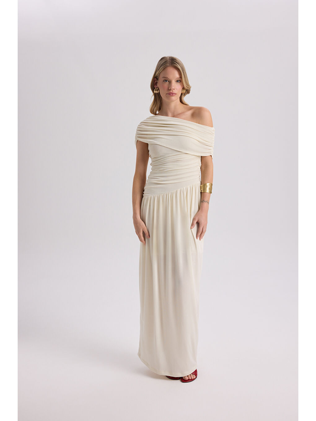 Liraya Asimetrik Ekru Uzun Elbise-1