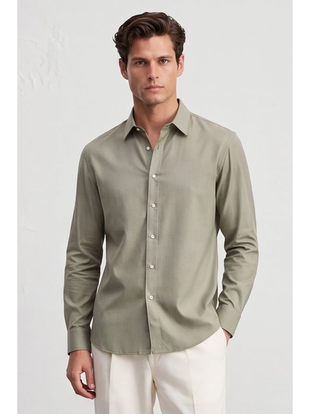 Erkek Haki Normal Kesim Regular Fit %100 Pamuk Gabardin Uzun Kollu Klasik Yaka Gömlek