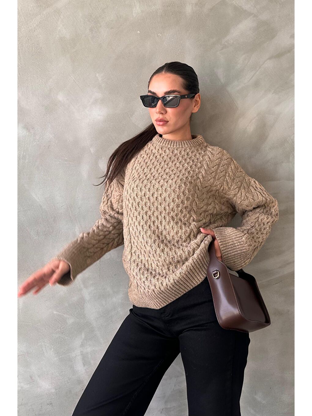 Bej Vizon Bisiklet Yaka Oversize Triko Kazak Mg1969-4