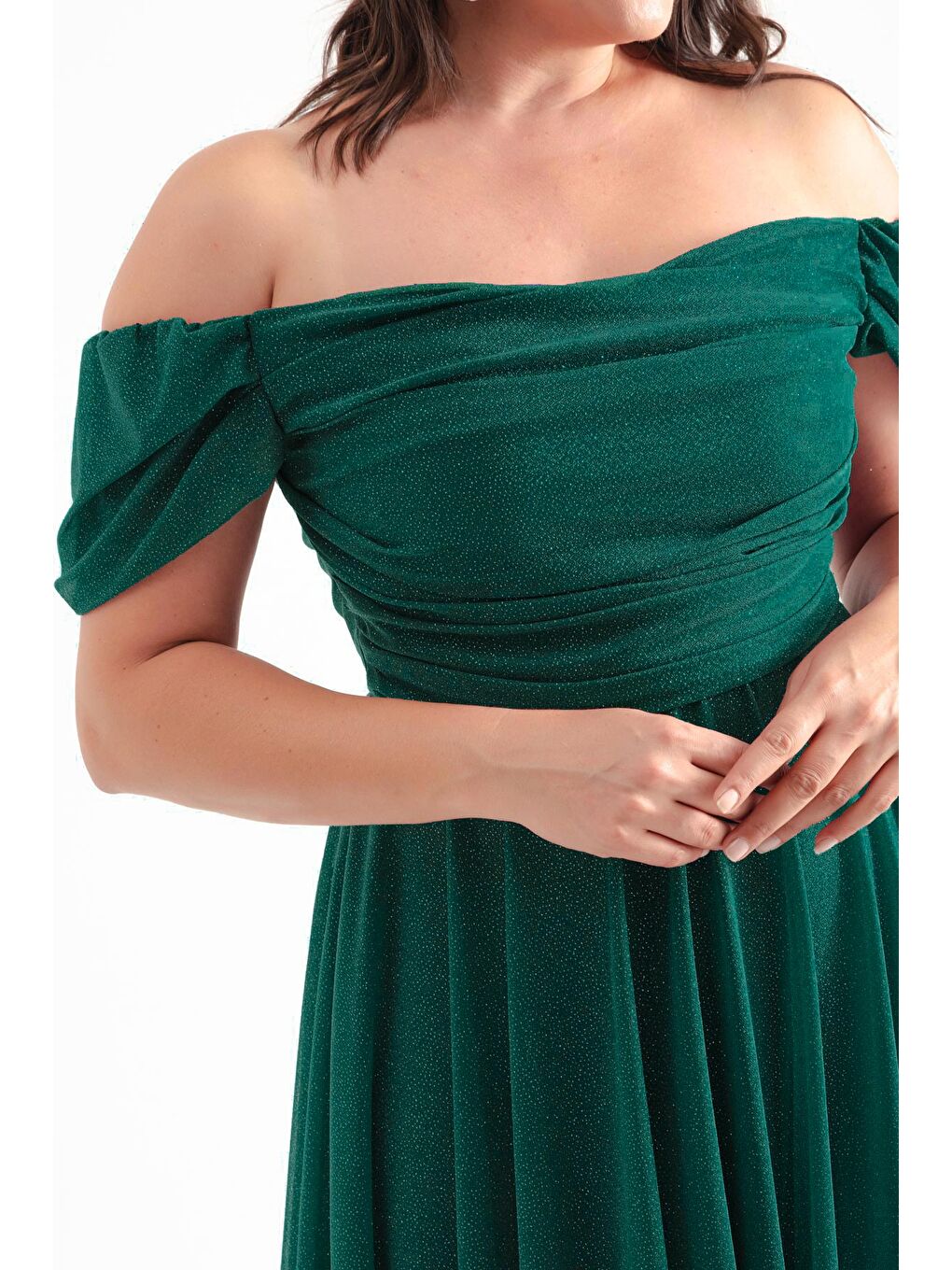 Kadın Zümrüt Yeşili Kayık Yaka Drapeli Midi Kloş Büyük Beden Abiye Elbise-1