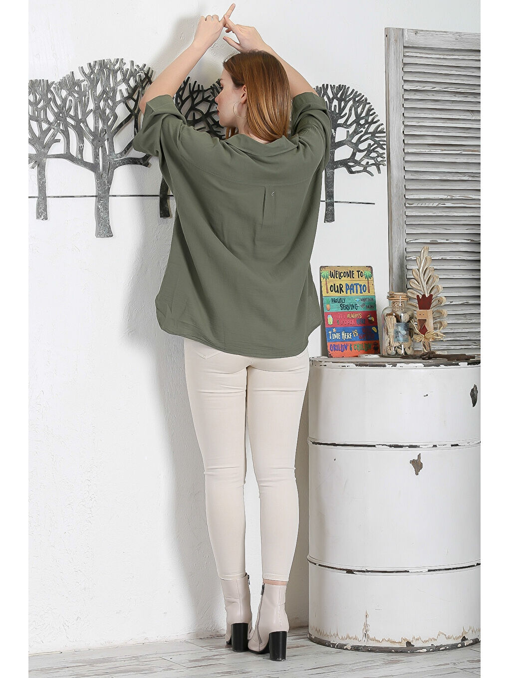 Haki Yeşil 3/4 Kol Sedef Düğmeli Yırtmaçlı Casual Pamuk Dokuma Gömlek-7