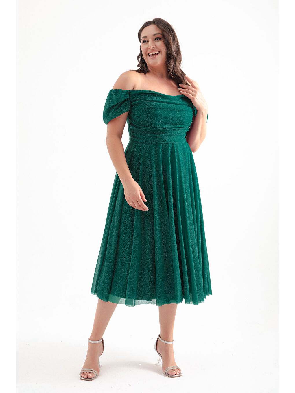 Kadın Zümrüt Yeşili Kayık Yaka Drapeli Midi Kloş Büyük Beden Abiye Elbise-2