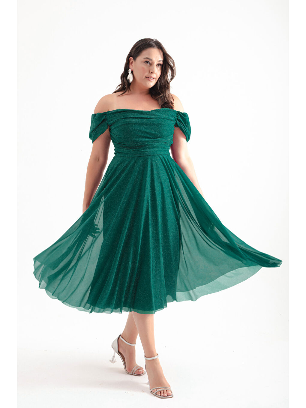 Kadın Zümrüt Yeşili Kayık Yaka Drapeli Midi Kloş Büyük Beden Abiye Elbise-3