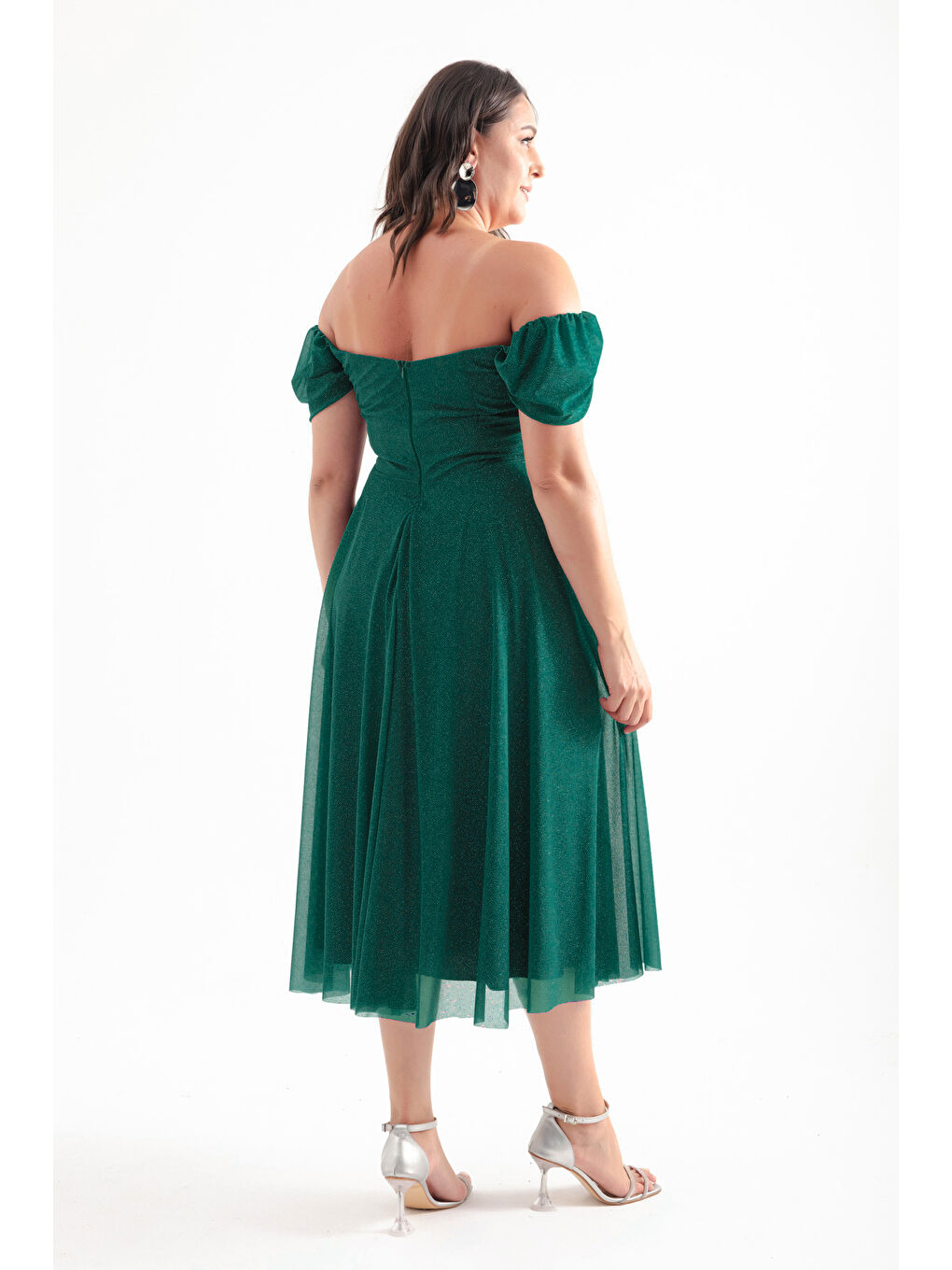 Kadın Zümrüt Yeşili Kayık Yaka Drapeli Midi Kloş Büyük Beden Abiye Elbise-4