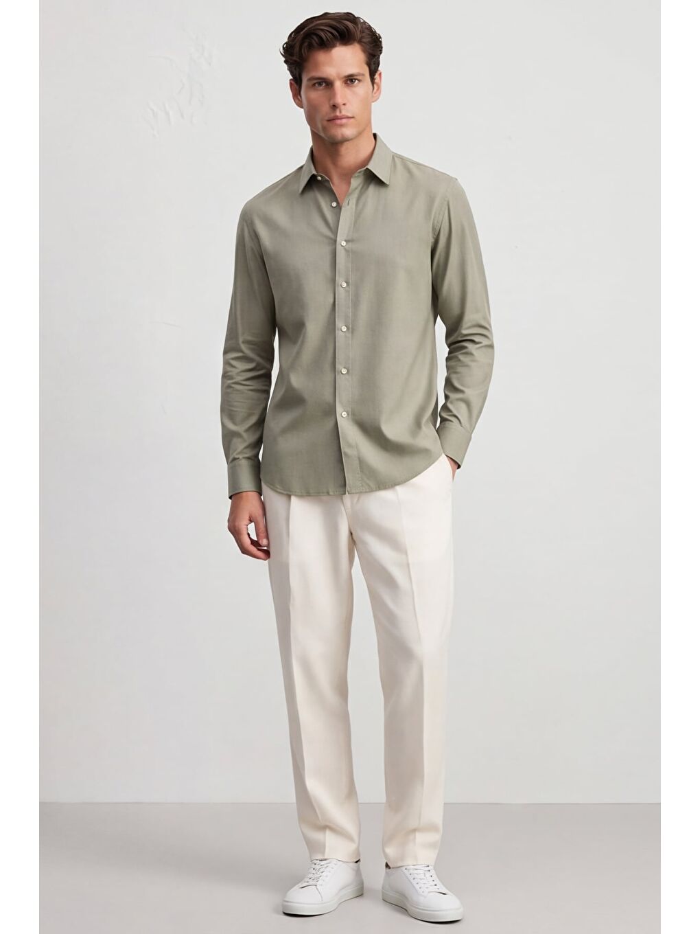Erkek Haki Normal Kesim Regular Fit %100 Pamuk Gabardin Uzun Kollu Klasik Yaka Gömlek-1
