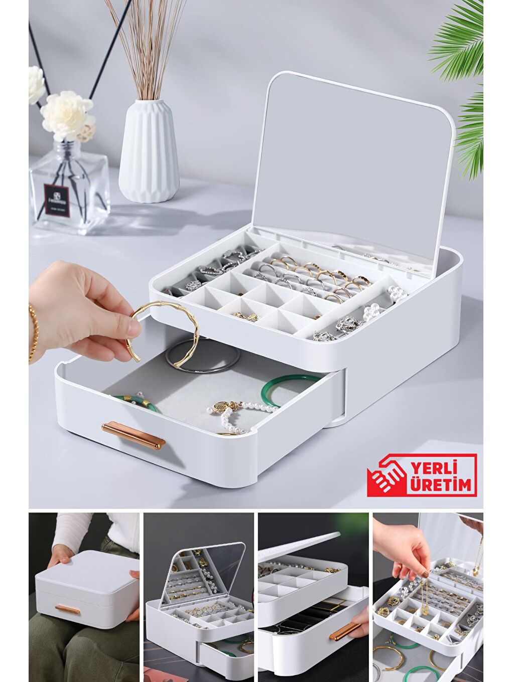 House By House Çekmeceli Aynalı Çok Bölmeli Makyaj Takı Organizer Krem UR-3438