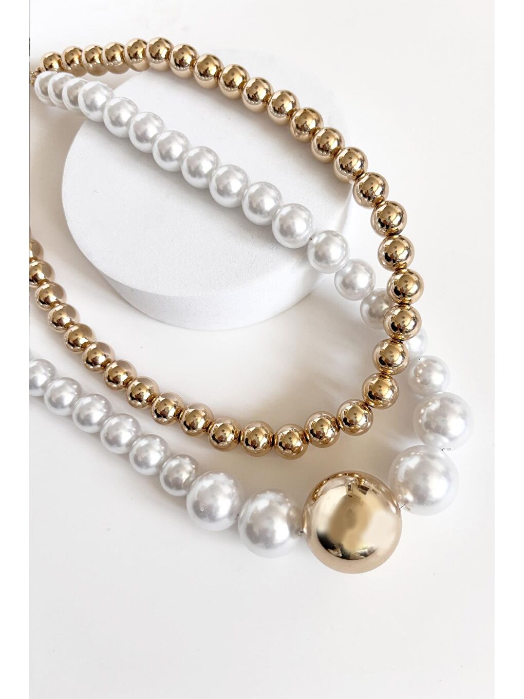 Sarı Çift Sıra Büyük İncili Kolye-2