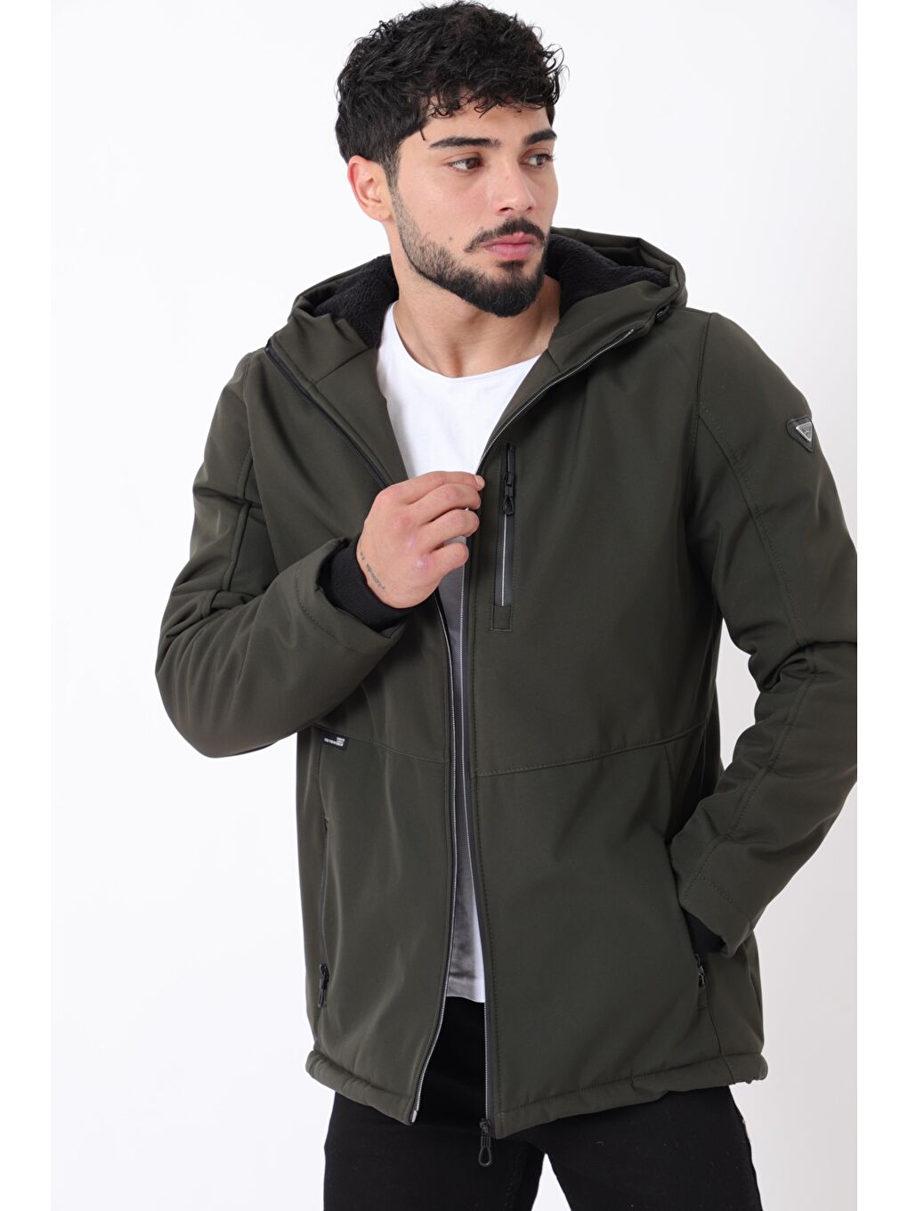 Haki Uzay Kapüşonlu İçi Kürklü Softshell Kışlık Mont PLDP 3010_50454