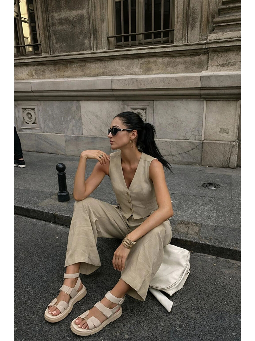 Bej Kadın Vizon Yelek Pantolon Takım 0999-10042-2