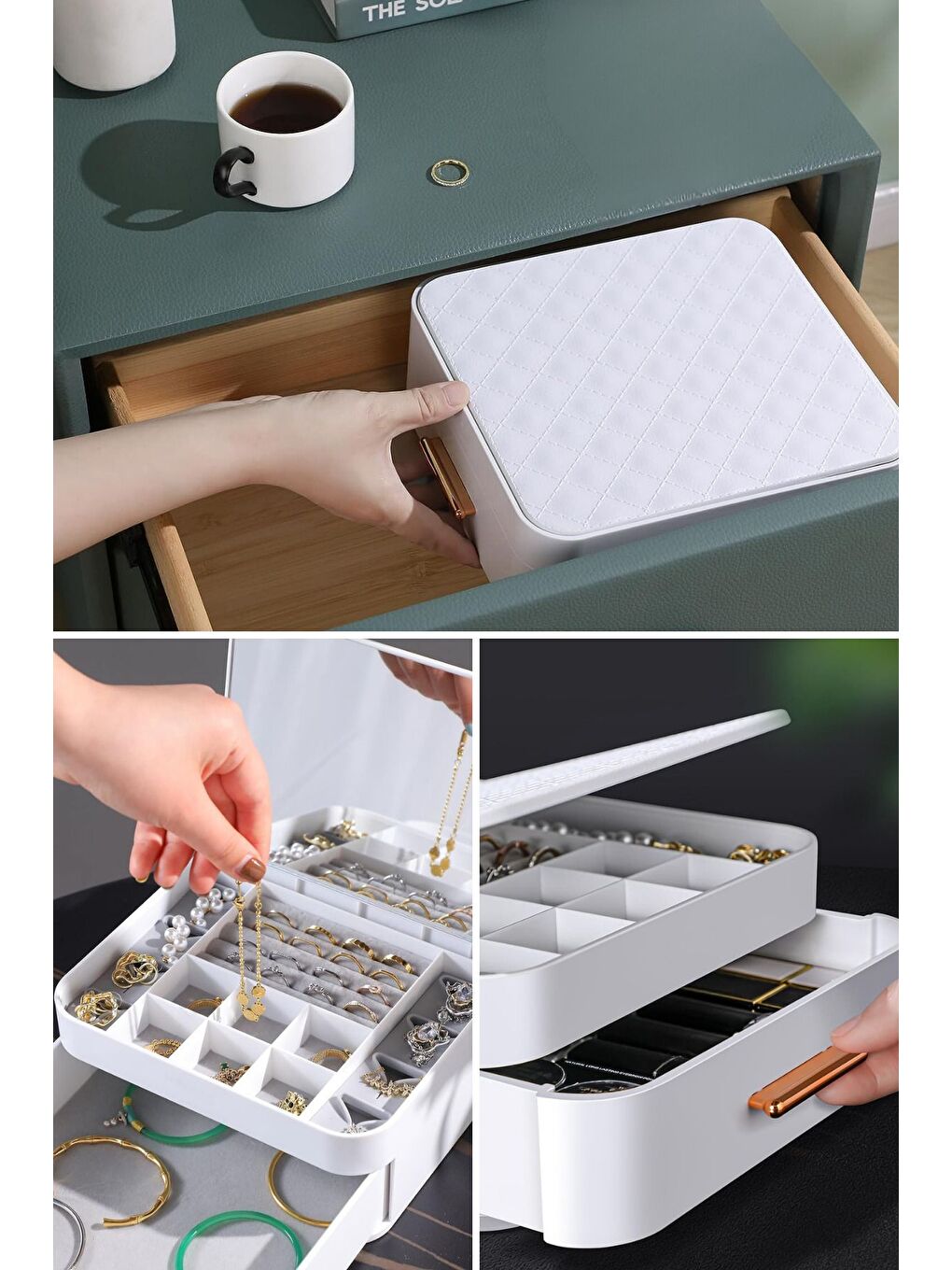 House By House Çekmeceli Aynalı Çok Bölmeli Makyaj Takı Organizer Krem UR-3438-1